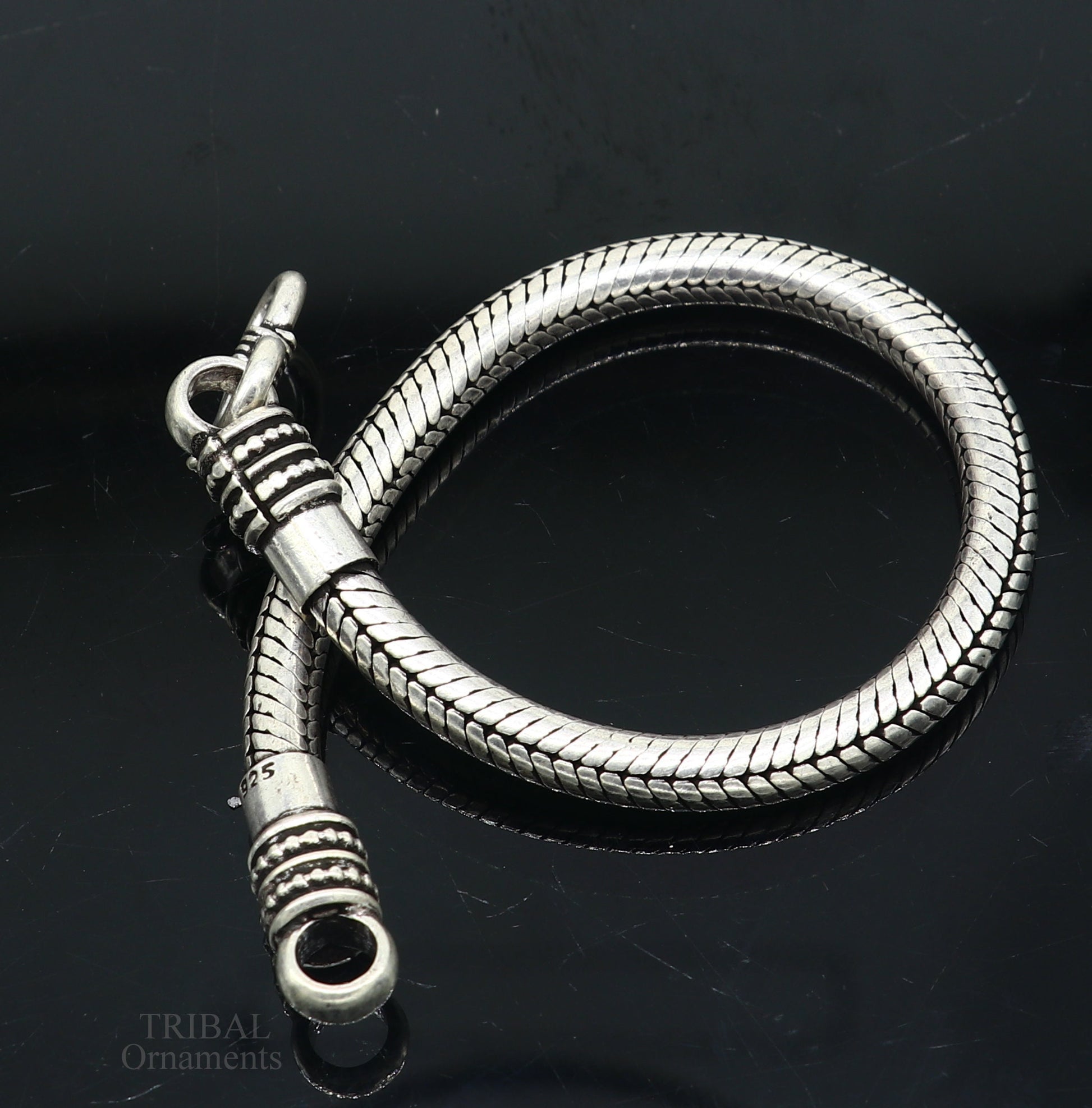Sterling silver unisex snake chain bracelet with vintage design, handmade and customizable by TRIBAL ORNAMENTS.