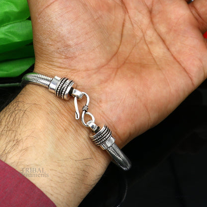 Sterling silver handmade snake chain bracelet with D-shape design, unisex half-round style by TRIBAL ORNAMENTS.