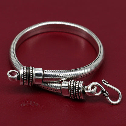 Sterling silver handmade snake chain bracelet with D shape design, unisex half-round style, crafted by TRIBAL ORNAMENTS.