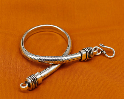 Sterling silver handmade snake chain bracelet with D-shape design, unisex, 6.5 mm thick, from Tribal Ornaments.