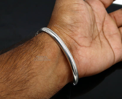 Sterling silver handmade snake chain bracelet with D-shape links, unisex, 6mm thickness, by TRIBAL ORNAMENTS.