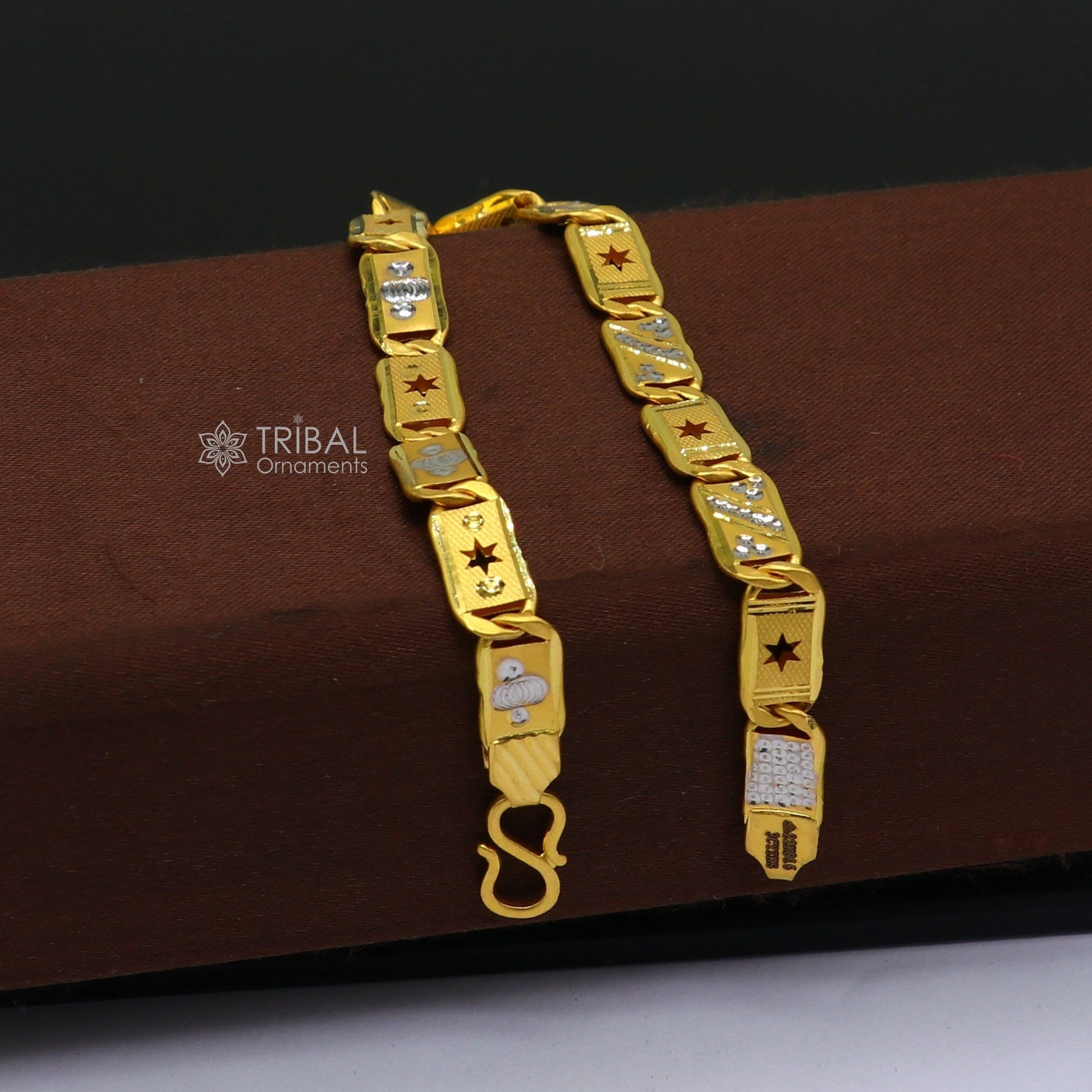7mm 22kt yellow gold handmade All size gold bar Royal nawabi Chain or Bracelet fabulous diamond cut design men's jewelry gbr82 - TRIBAL ORNAMENTS