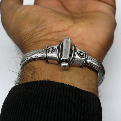 Sterling silver half-round D-shape snake chain bracelet by Tribal Ornaments, unisex, flexible heavy jewelry with intricate design.
