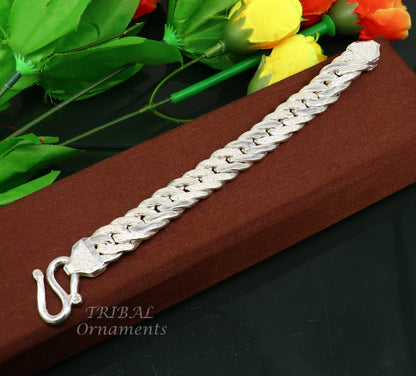 Sterling silver vintage-style heavy chain bracelet by TRIBAL ORNAMENTS, unisex ethnic jewelry with intricate handmade design.