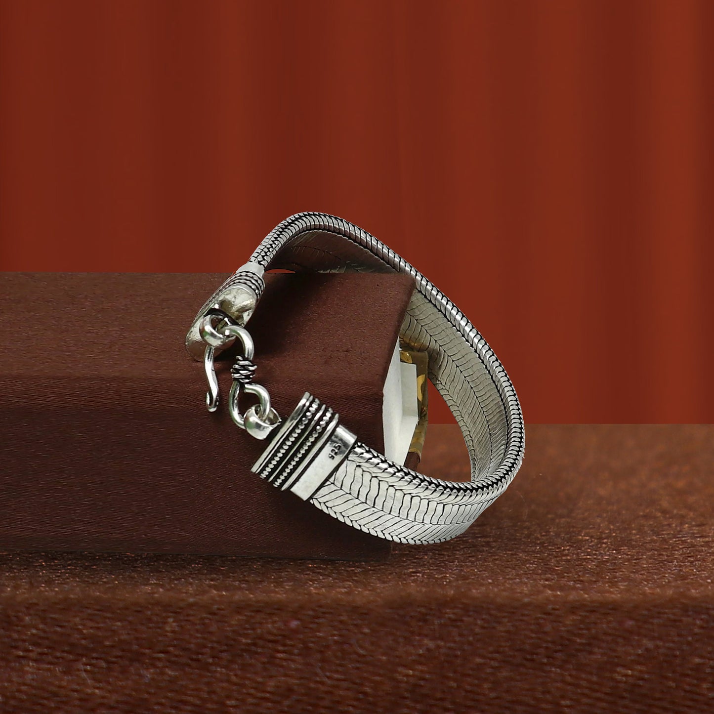 Tribal Ornaments 13mm 925 sterling silver flat belt chain bracelet for men, handmade trendy jewelry with snake design, 7.5 inches long.