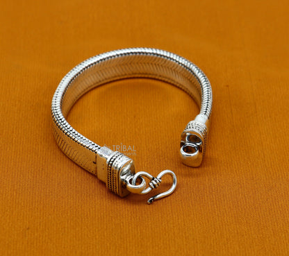 13mm 925 sterling silver flat belt chain bracelet for men, handmade tribal jewelry, trendy snake design, 7.5-inch size.