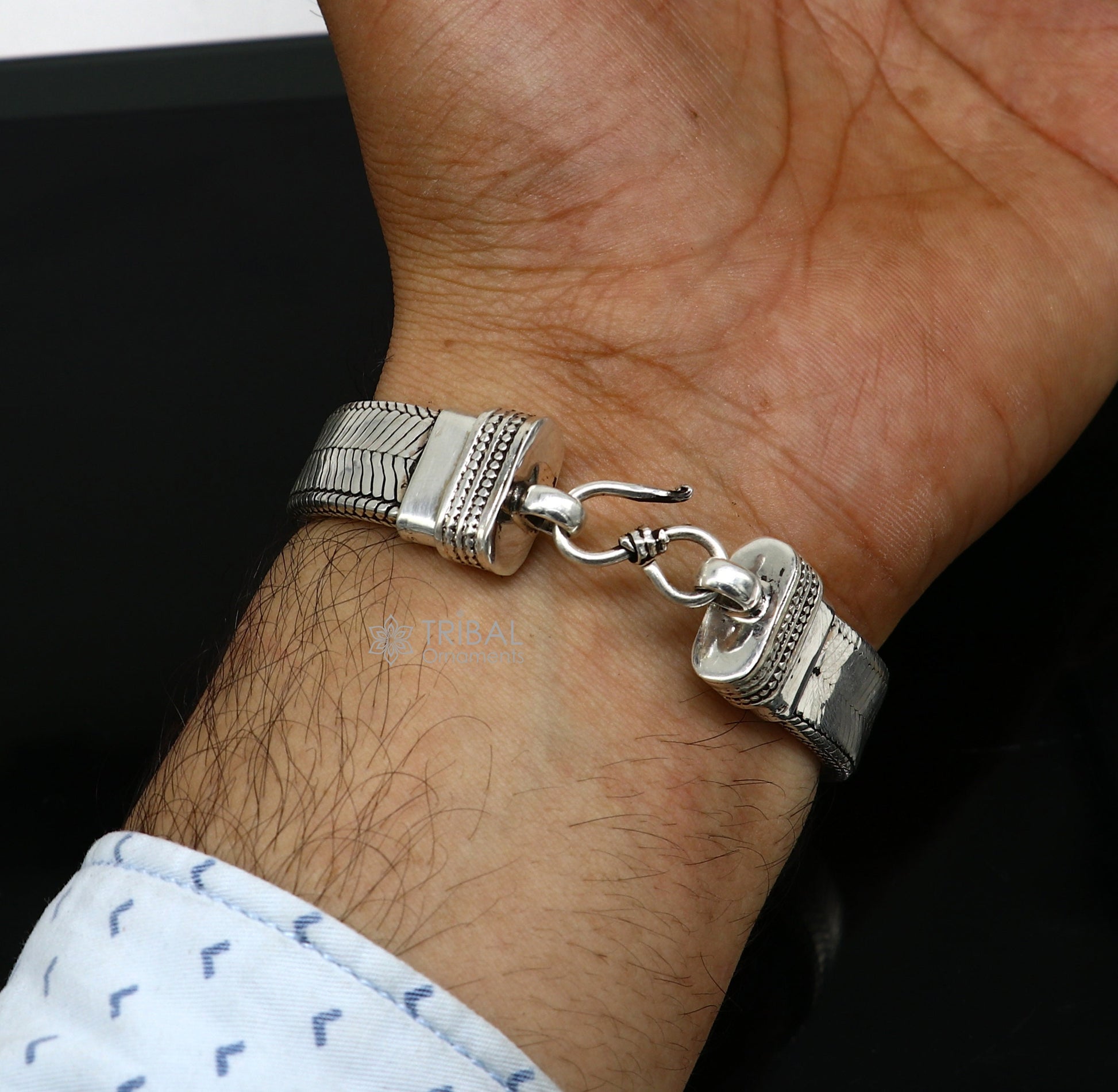 13mm 925 sterling silver flat belt chain bracelet by TRIBAL ORNAMENTS, handmade men's trendy jewelry with a sleek snake design.