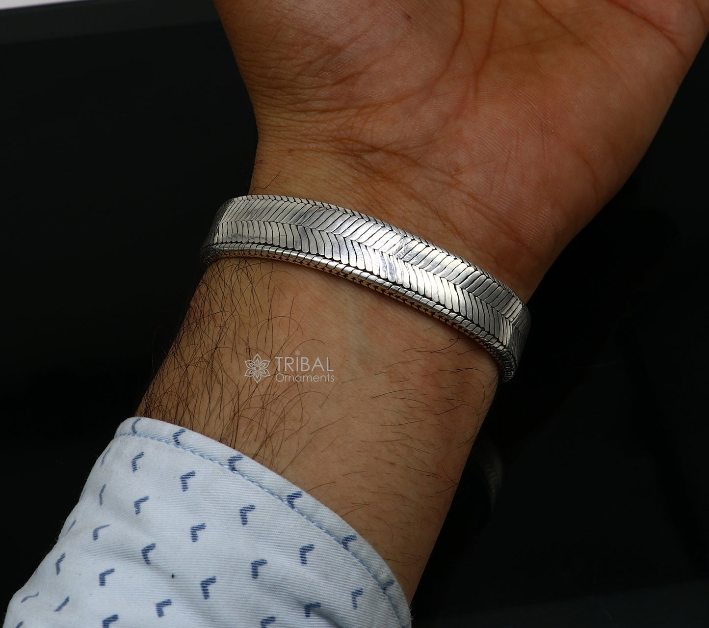13mm 925 sterling silver flat belt bracelet for men, handmade tribal jewelry, trendy snake design, 7.5-inch men's bracelet.