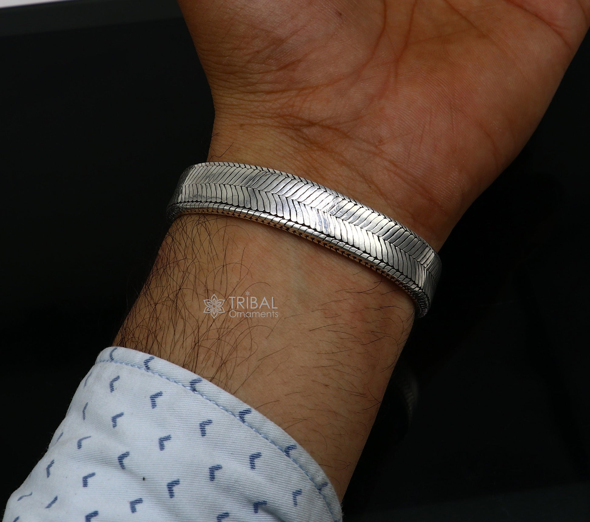 13mm 925 sterling silver flat belt bracelet for men, handmade tribal jewelry, trendy snake design, 7.5-inch men's bracelet.