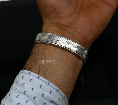 13mm 925 sterling silver flat belt bracelet for men, handmade tribal jewelry, trendy snake design, 7.5-inch men's bracelet.