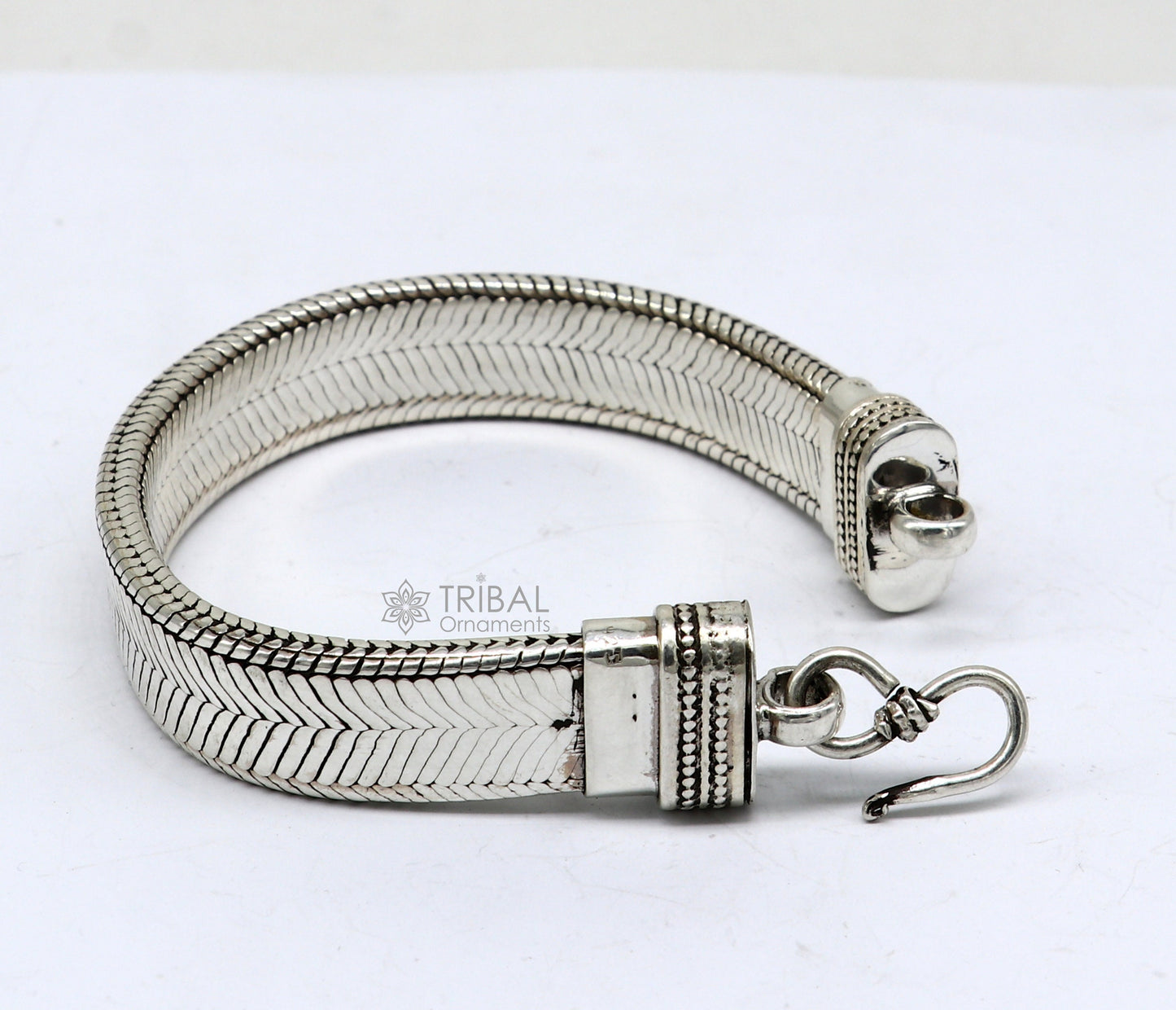 13mm 925 sterling silver flat belt chain bracelet for men, handmade, trendy jewelry with a snake design by TRIBAL ORNAMENTS.