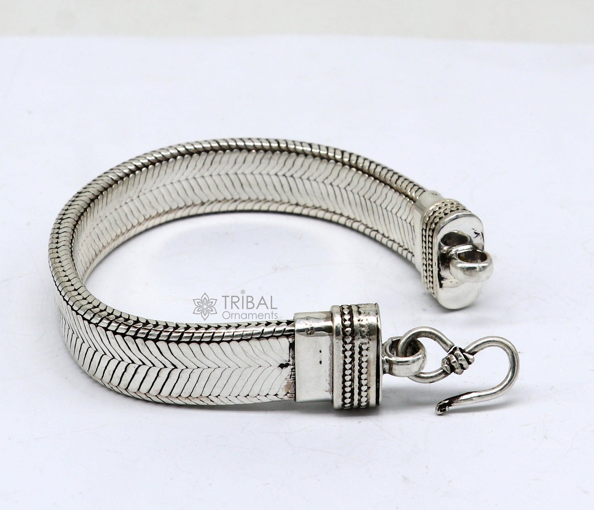 13mm 925 sterling silver flat belt chain bracelet for men, handmade, trendy jewelry with a snake design by TRIBAL ORNAMENTS.