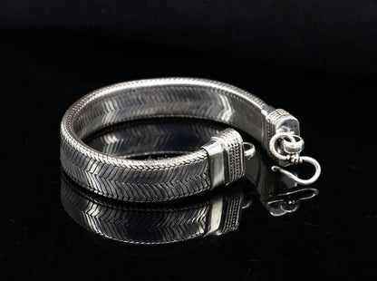 13mm 925 sterling silver flat belt chain bracelet for men, handmade tribal jewelry, trendy snake design, 7.5-inch length.