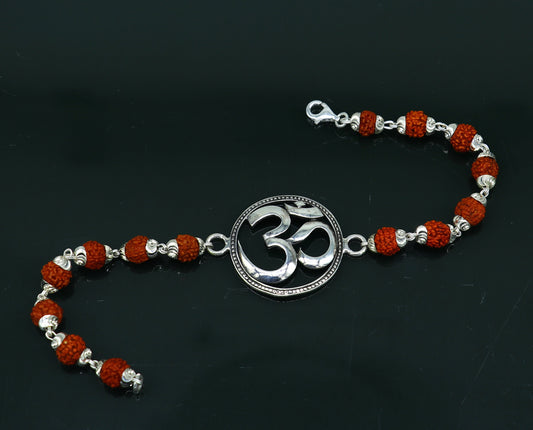 925 Sterling silver OM Rudraksha bead bracelet with beaded design, customized by TRIBAL ORNAMENTS.