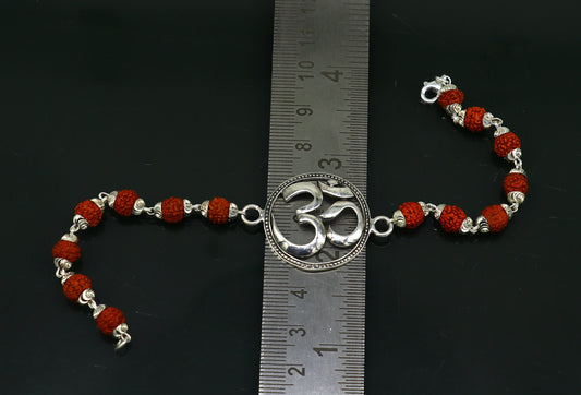 925 Sterling silver customized OM Rudraksha bead bracelet with Aum design, handcrafted by TRIBAL ORNAMENTS.