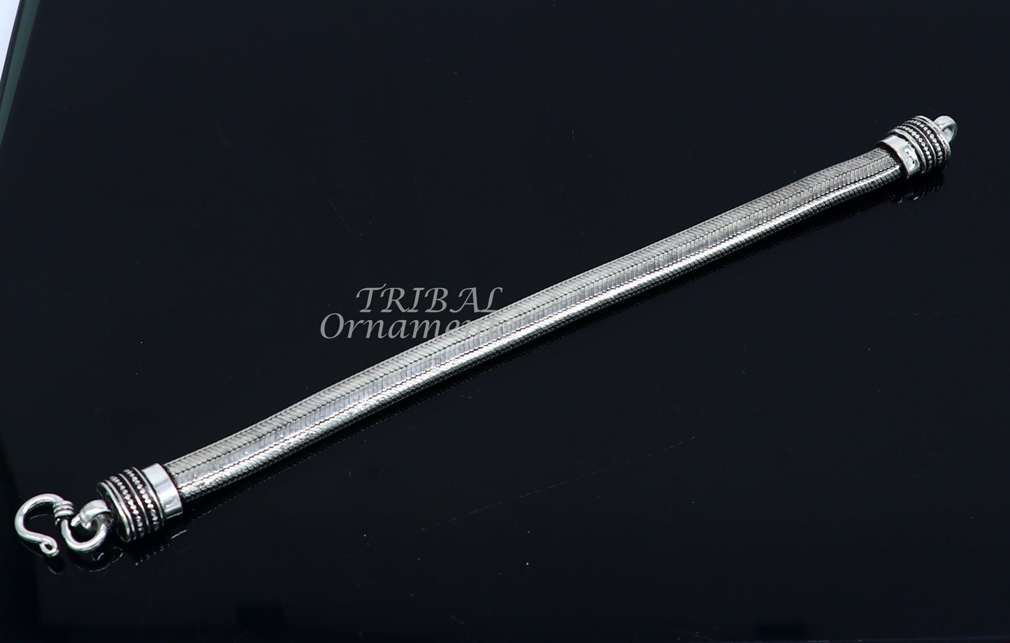 Sterling silver 9mm snake chain bracelet with D-shape half-round design, flexible unisex jewelry by TRIBAL ORNAMENTS.