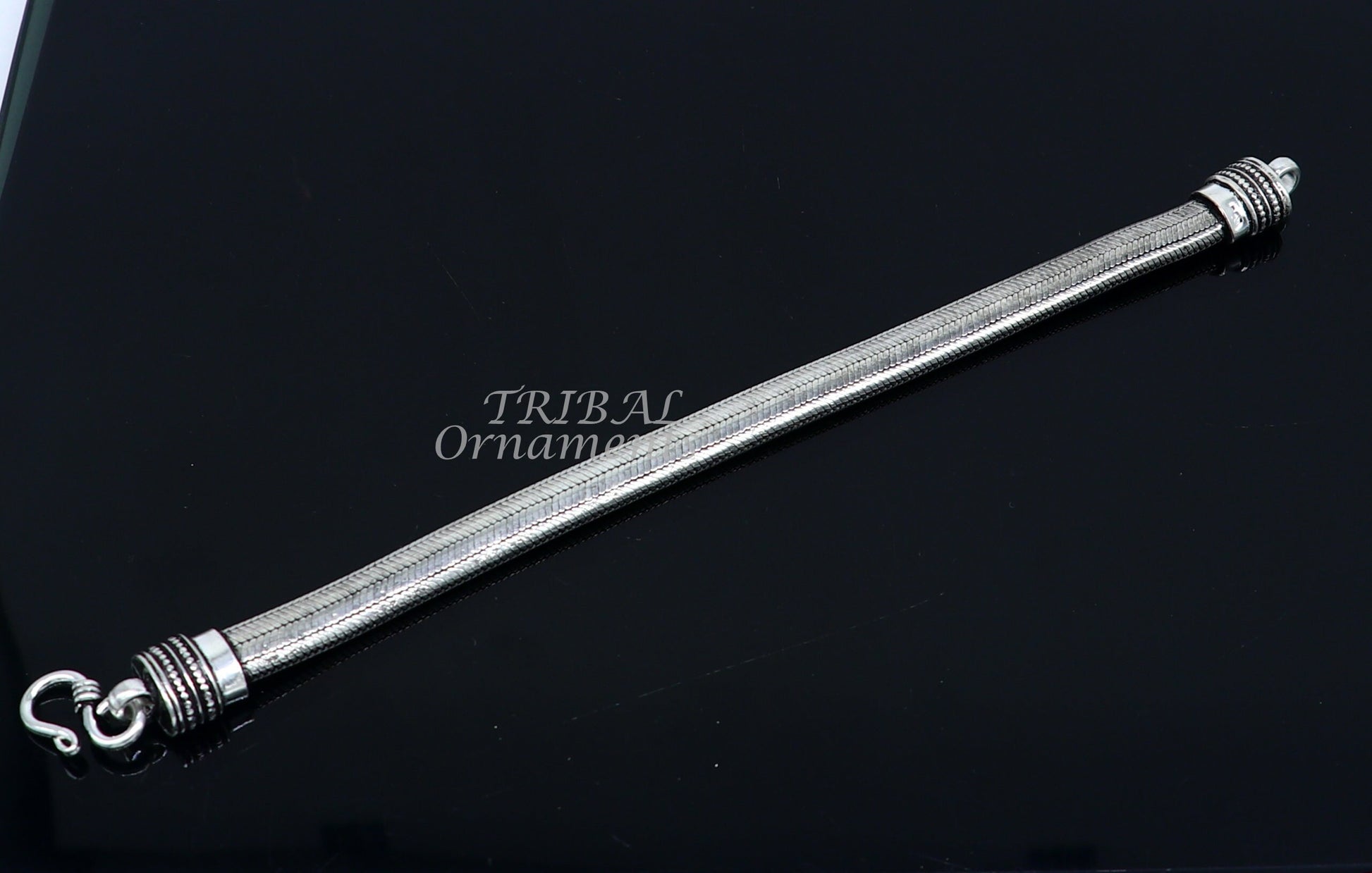 Sterling silver 9mm snake chain bracelet with D-shape half-round design, flexible unisex jewelry by TRIBAL ORNAMENTS.
