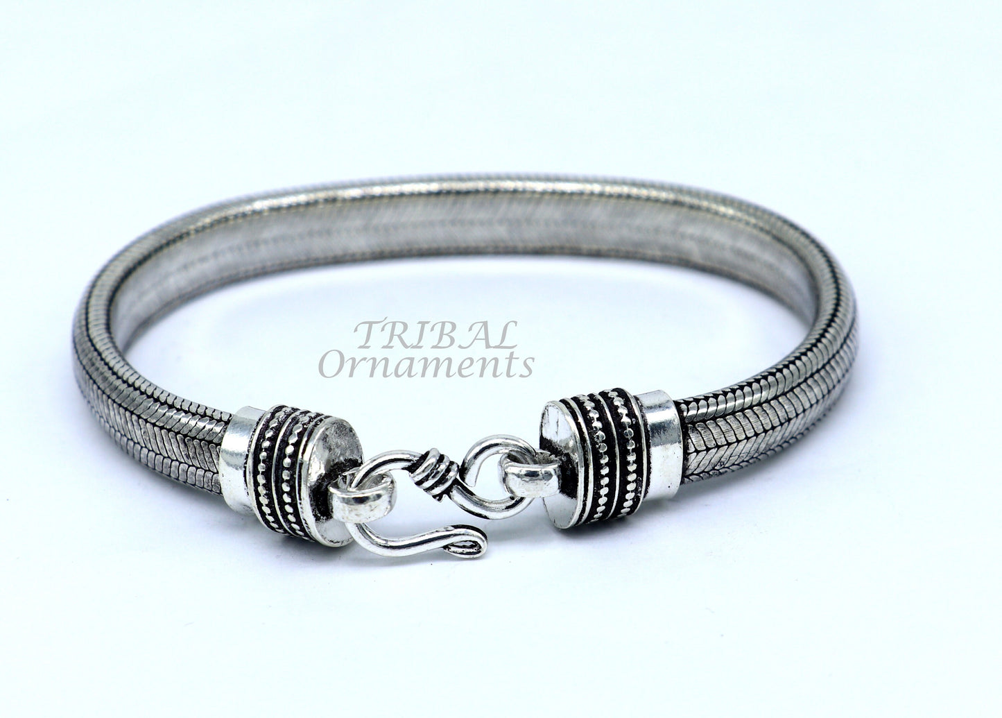 Elegant 9mm 925 sterling silver snake chain bracelet with D-shape, flexible design, unisex jewelry from Tribal Ornaments.