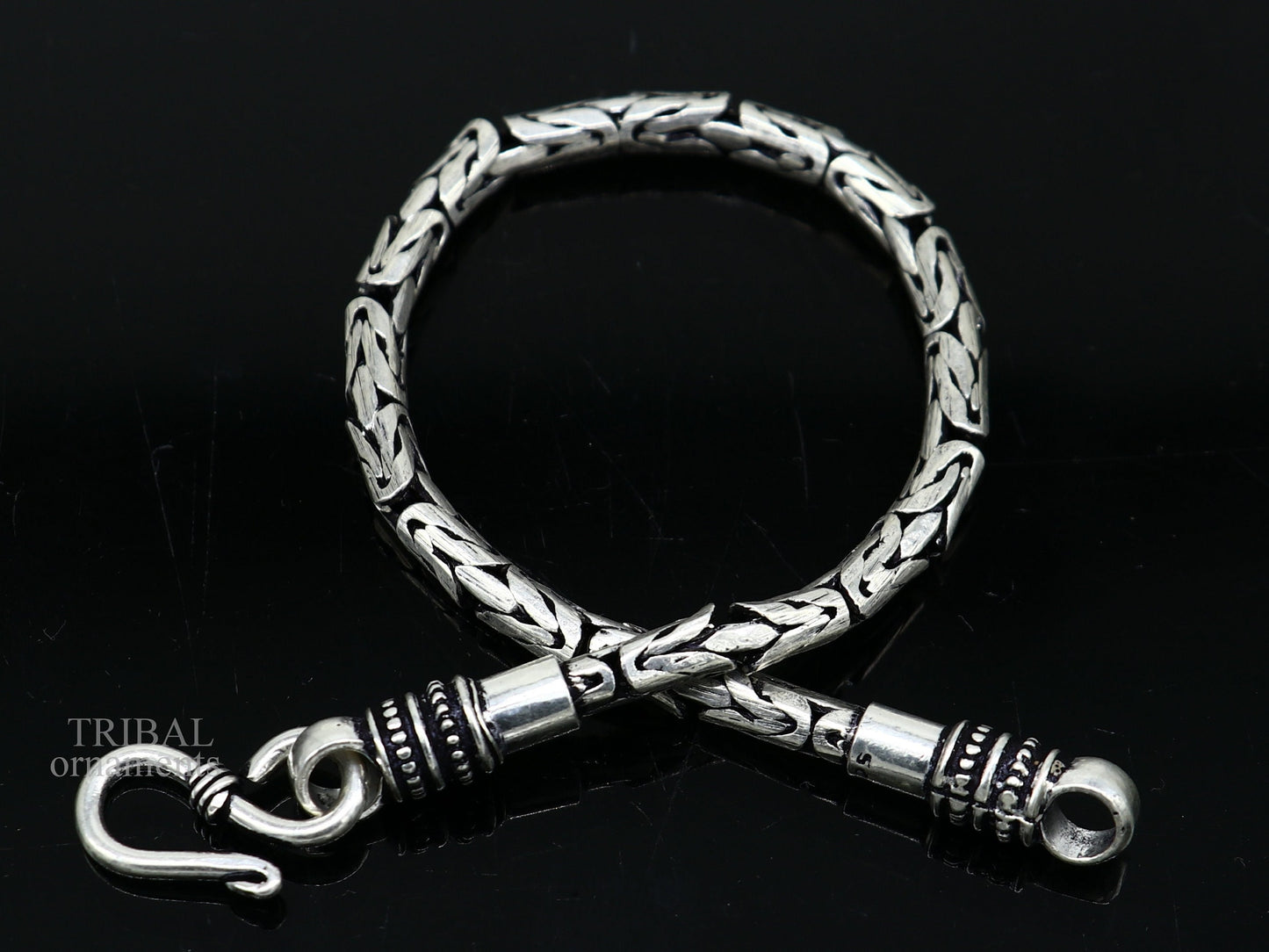 Unisex 925 sterling silver tribal bracelet with 4mm vintage-style beads, handmade tribal jewelry for men and women.