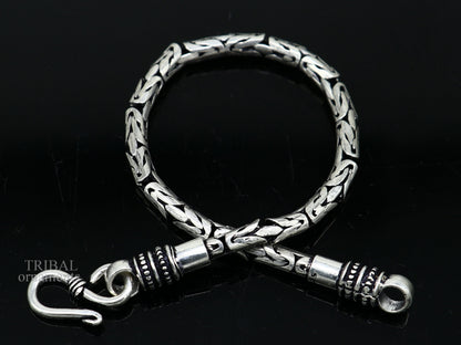 Unisex 925 sterling silver tribal bracelet with 4mm vintage-style beads, handmade tribal jewelry for men and women.