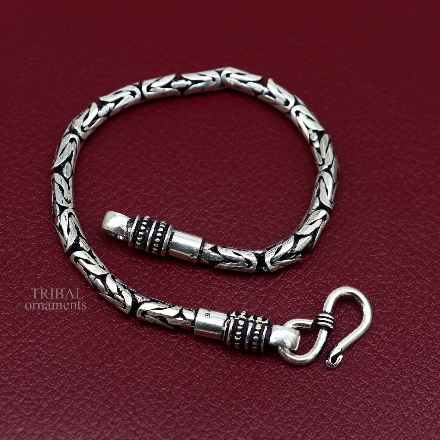 Unisex 925 sterling silver tribal bracelet with 4mm vintage-style beads, handcrafted tribal jewelry for men and women.
