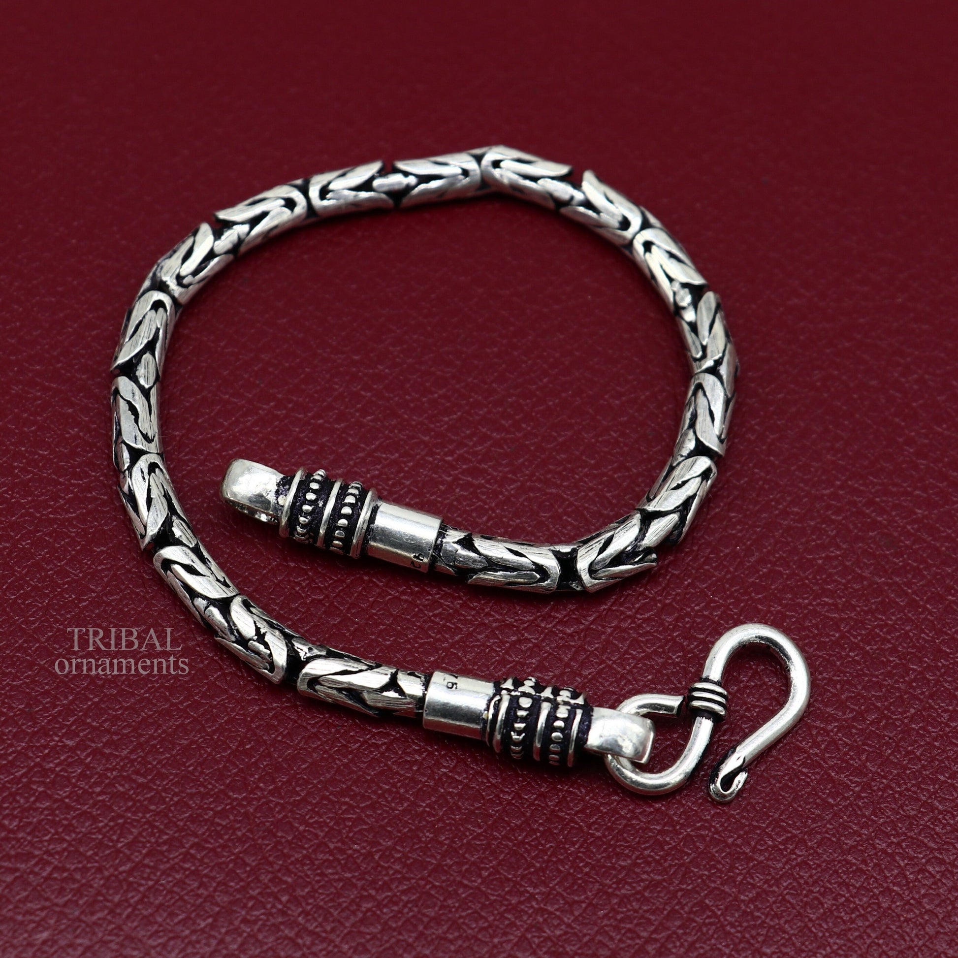 Unisex 925 sterling silver tribal bracelet with 4mm vintage-style beads, handcrafted tribal jewelry for men and women.