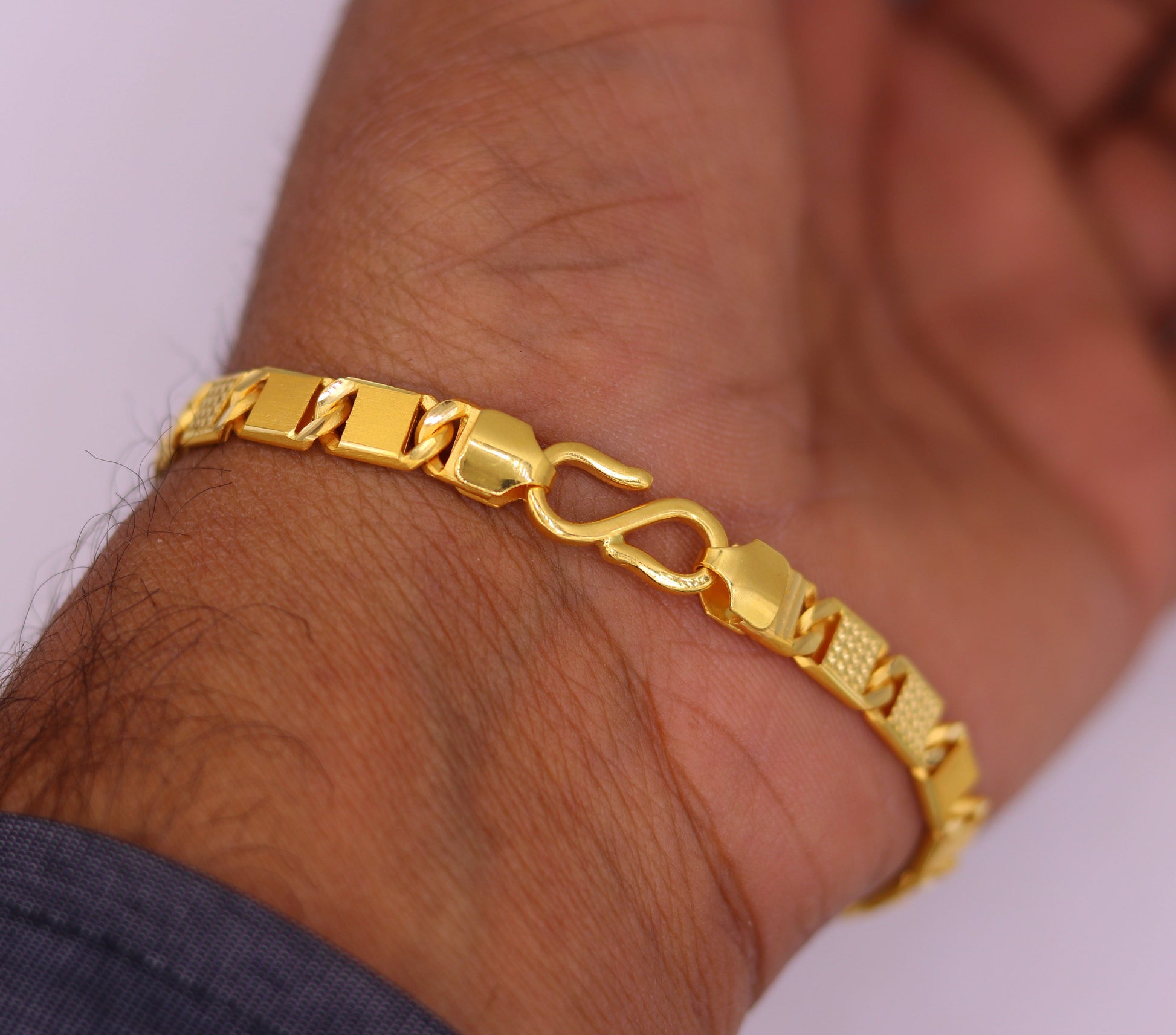 Gold handmade solid bar bracelet with diamond-cut design, 22K yellow gold, men's luxury jewelry by TRIBAL ORNAMENTS.