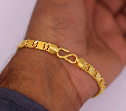 Gold handmade solid bar bracelet with diamond-cut design, 22K yellow gold, men's luxury jewelry by TRIBAL ORNAMENTS.