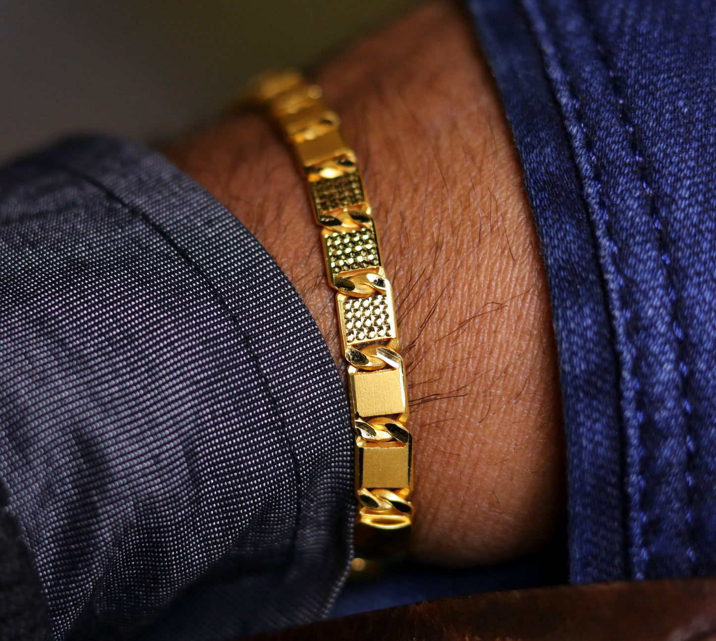 Handmade 22K yellow gold Royal Nawabi chain bracelet with diamond-cut design, men's luxury jewelry from TRIBAL ORNAMENTS.