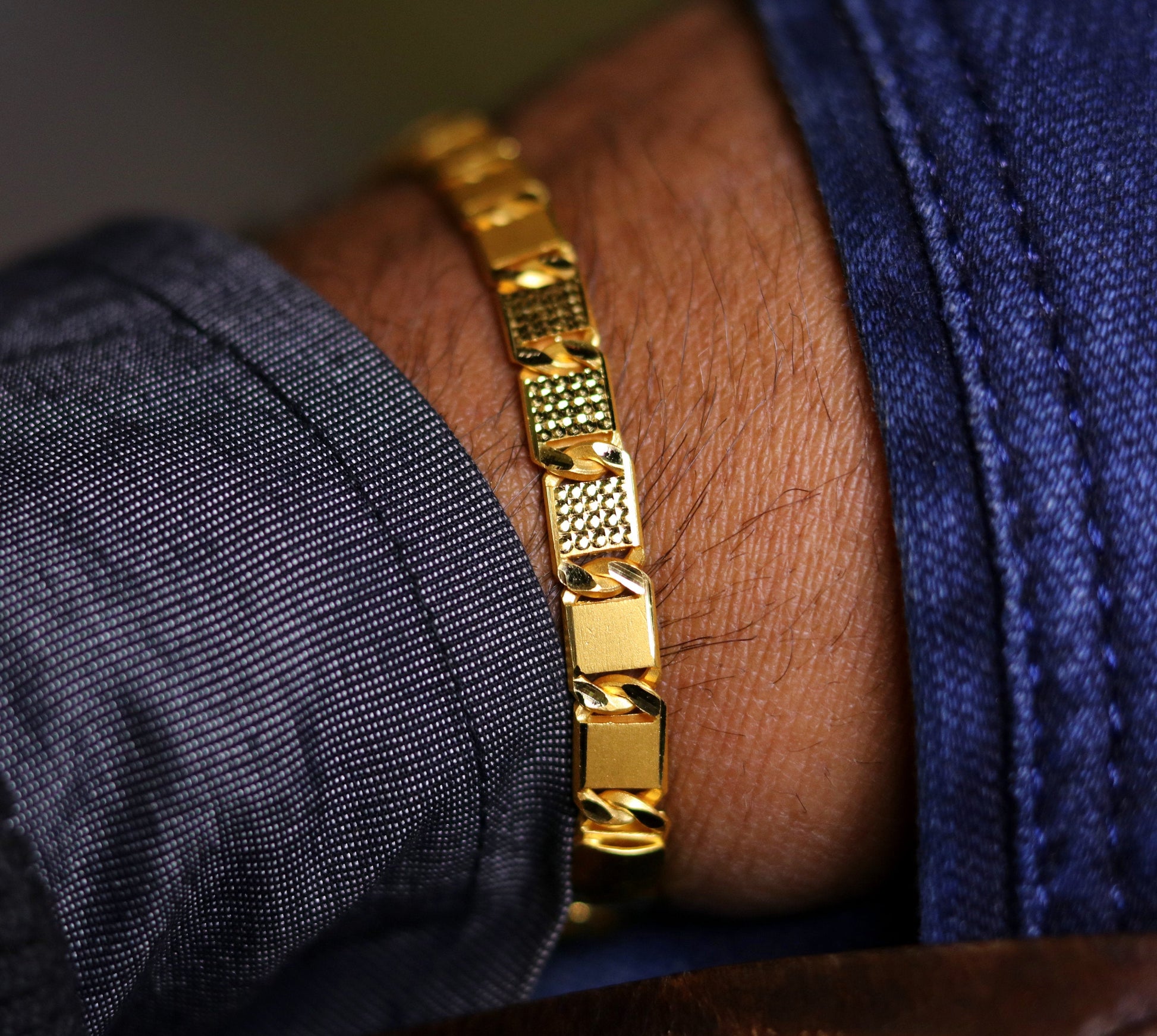 Handmade 22K yellow gold Royal Nawabi chain bracelet with diamond-cut design, men's luxury jewelry from TRIBAL ORNAMENTS.