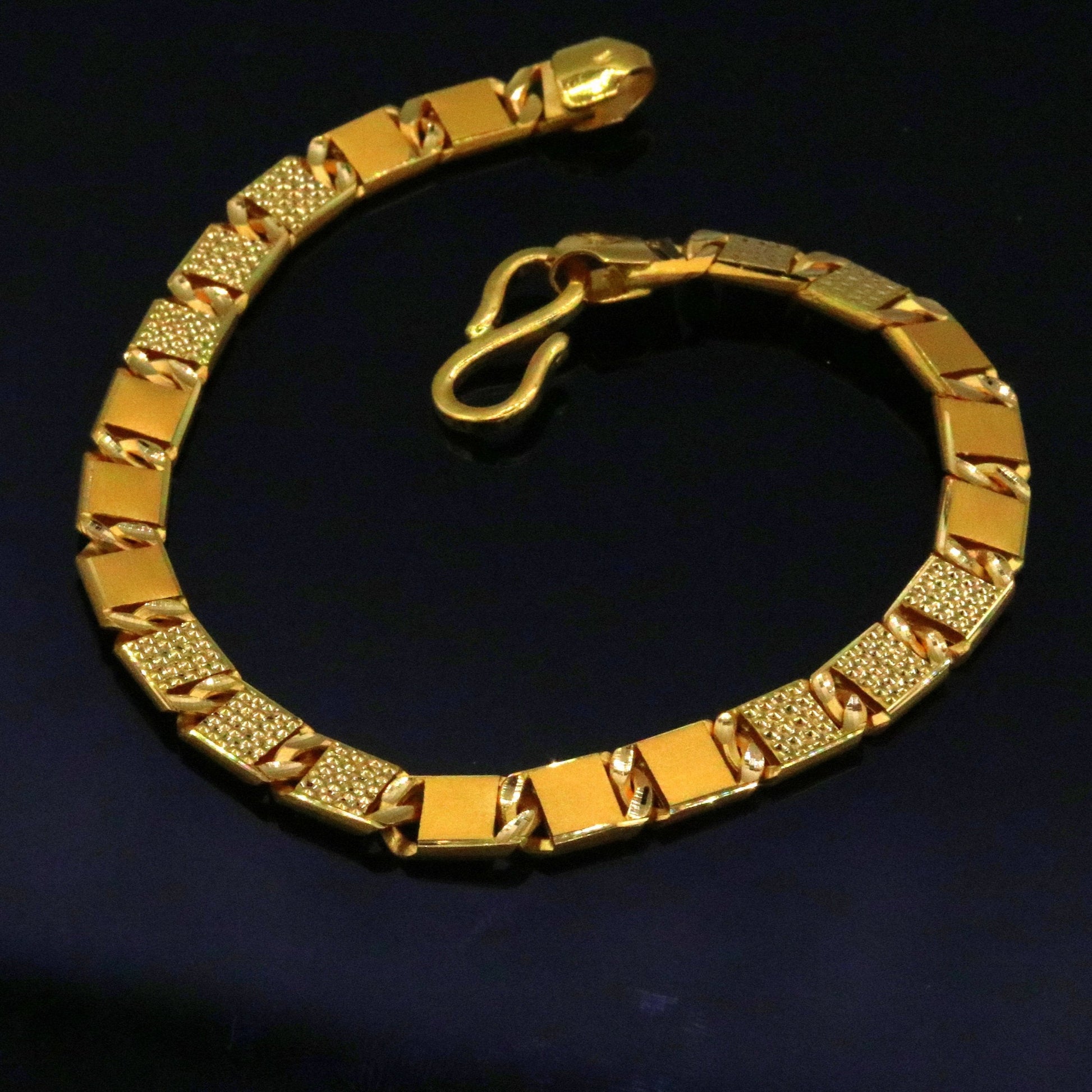 22K yellow gold handmade solid bar royal Nawabi chain bracelet with diamond-cut design, men's luxury jewelry by TRIBAL ORNAMENTS.