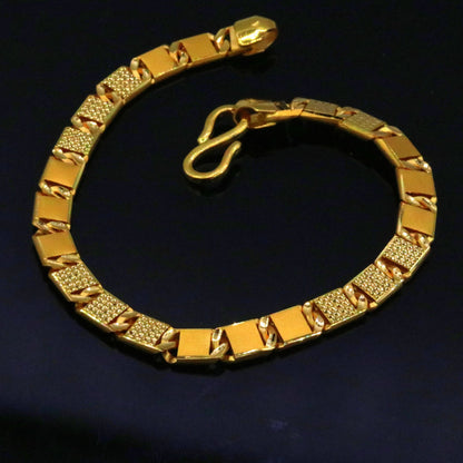 22K yellow gold handmade solid bar royal Nawabi chain bracelet with diamond-cut design, men's luxury jewelry by TRIBAL ORNAMENTS.