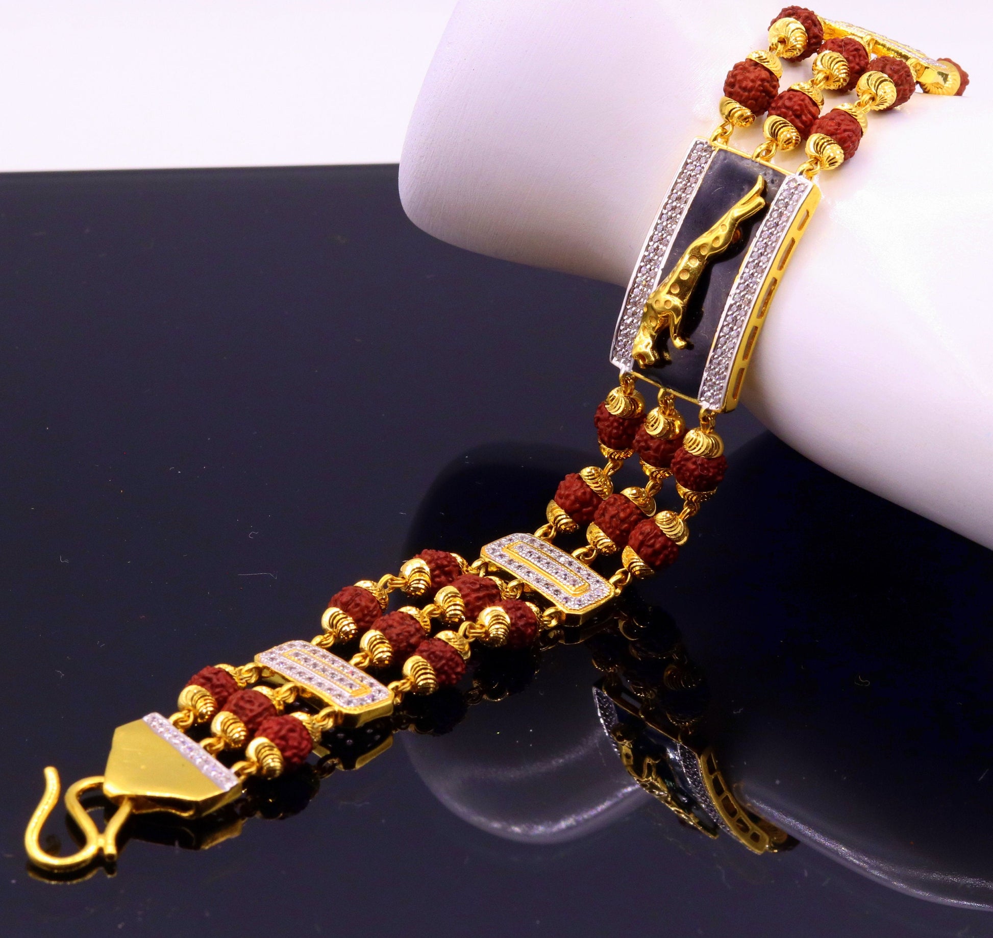 Genuine 22k yellow gold handmade top class natural rudraksha beads bracelet with fabulous tiger design men's jewelry - TRIBAL ORNAMENTS