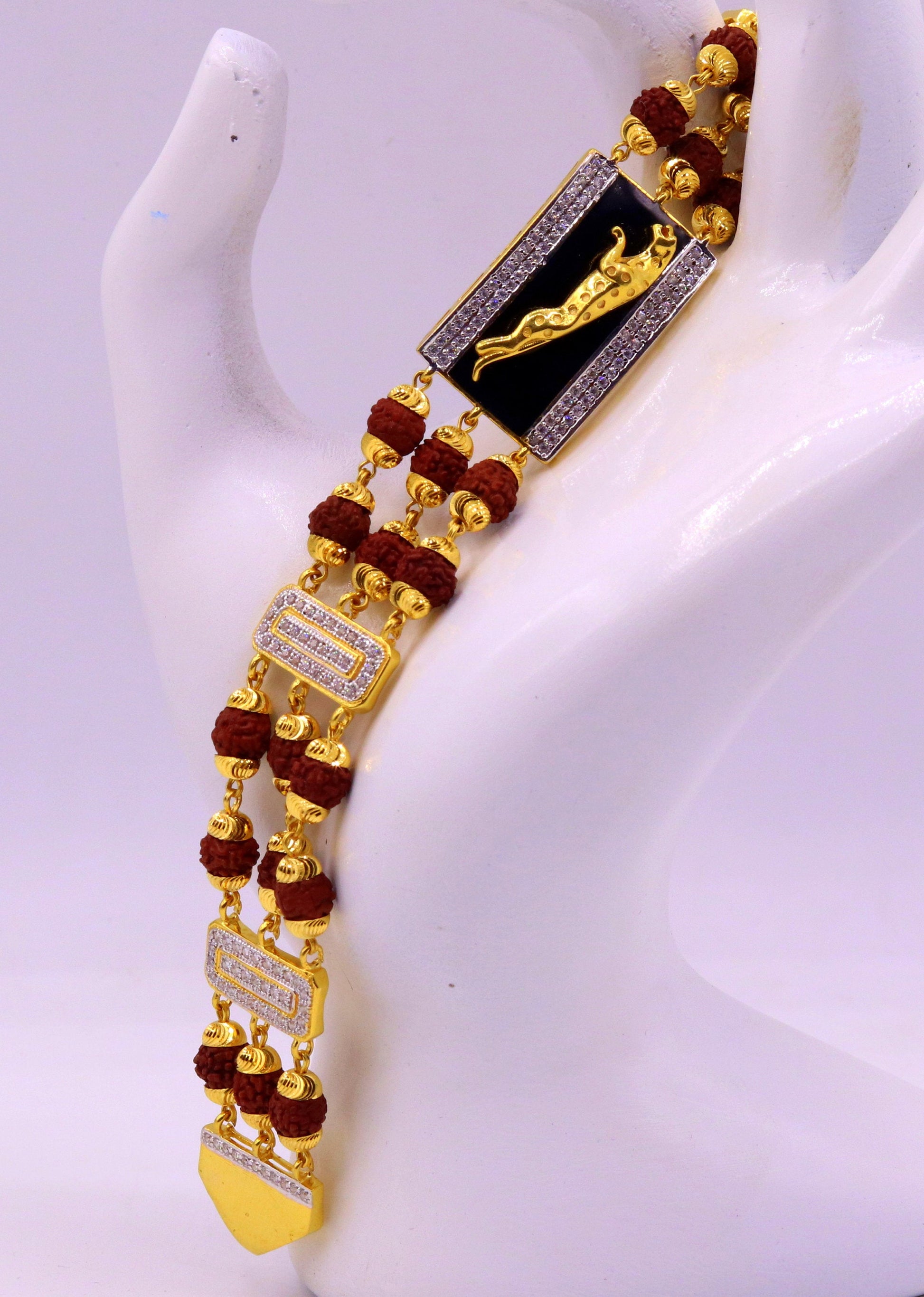 Genuine 22k yellow gold handmade top class natural rudraksha beads bracelet with fabulous tiger design men's jewelry - TRIBAL ORNAMENTS