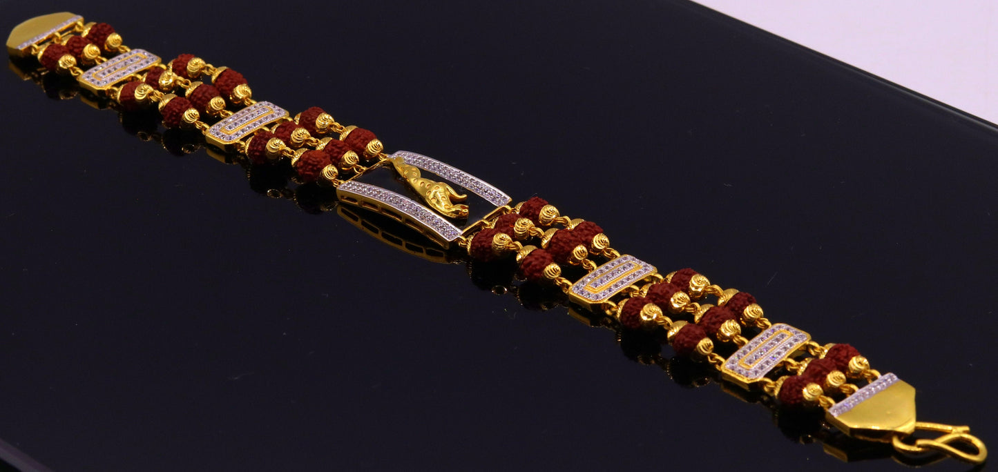 Genuine 22k yellow gold handmade top class natural rudraksha beads bracelet with fabulous tiger design men's jewelry - TRIBAL ORNAMENTS
