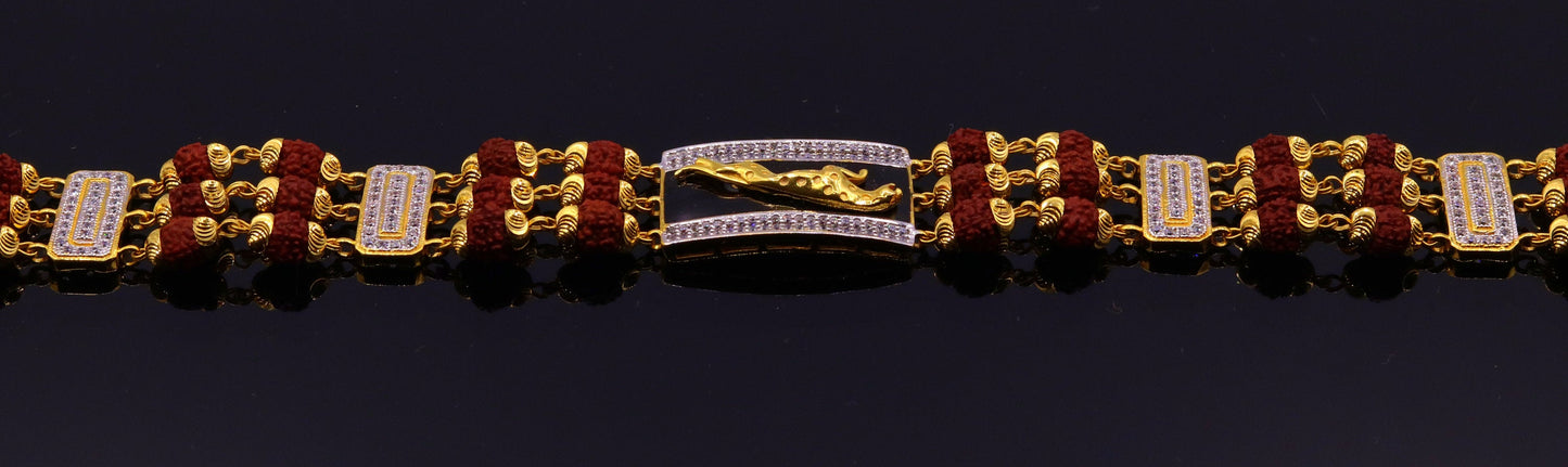 Genuine 22k yellow gold handmade top class natural rudraksha beads bracelet with fabulous tiger design men's jewelry - TRIBAL ORNAMENTS