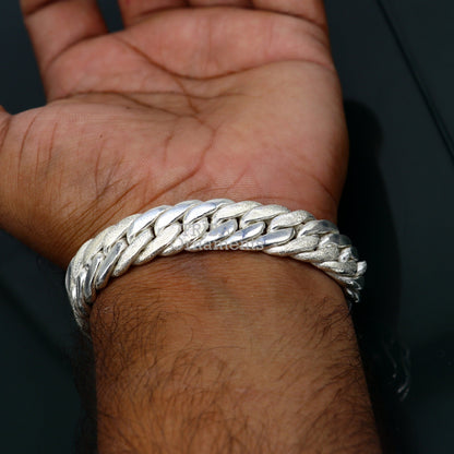 Unisex 7-inch 925 sterling silver Cuban link chain bracelet with vintage antique style, handcrafted jewelry from Tribal Ornaments.