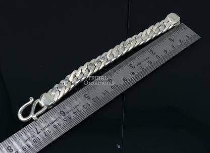 Unisex 7-inch solid 925 sterling silver Cuban link chain bracelet with vintage antique style, handcrafted jewelry from India.