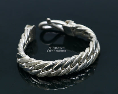 Unisex 7-inch 925 sterling silver Cuban link chain bracelet with vintage antique design, handcrafted jewelry from Tribal Ornaments.