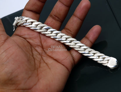 Unisex 7-inch sterling silver Cuban link chain bracelet with vintage antique finish, handcrafted jewelry from Tribal Ornaments.