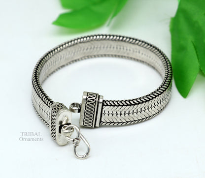 925 sterling silver wheat chain bracelet by Tribal Ornaments, vintage-style handmade flexible wrist belt jewelry from Rajasthan.