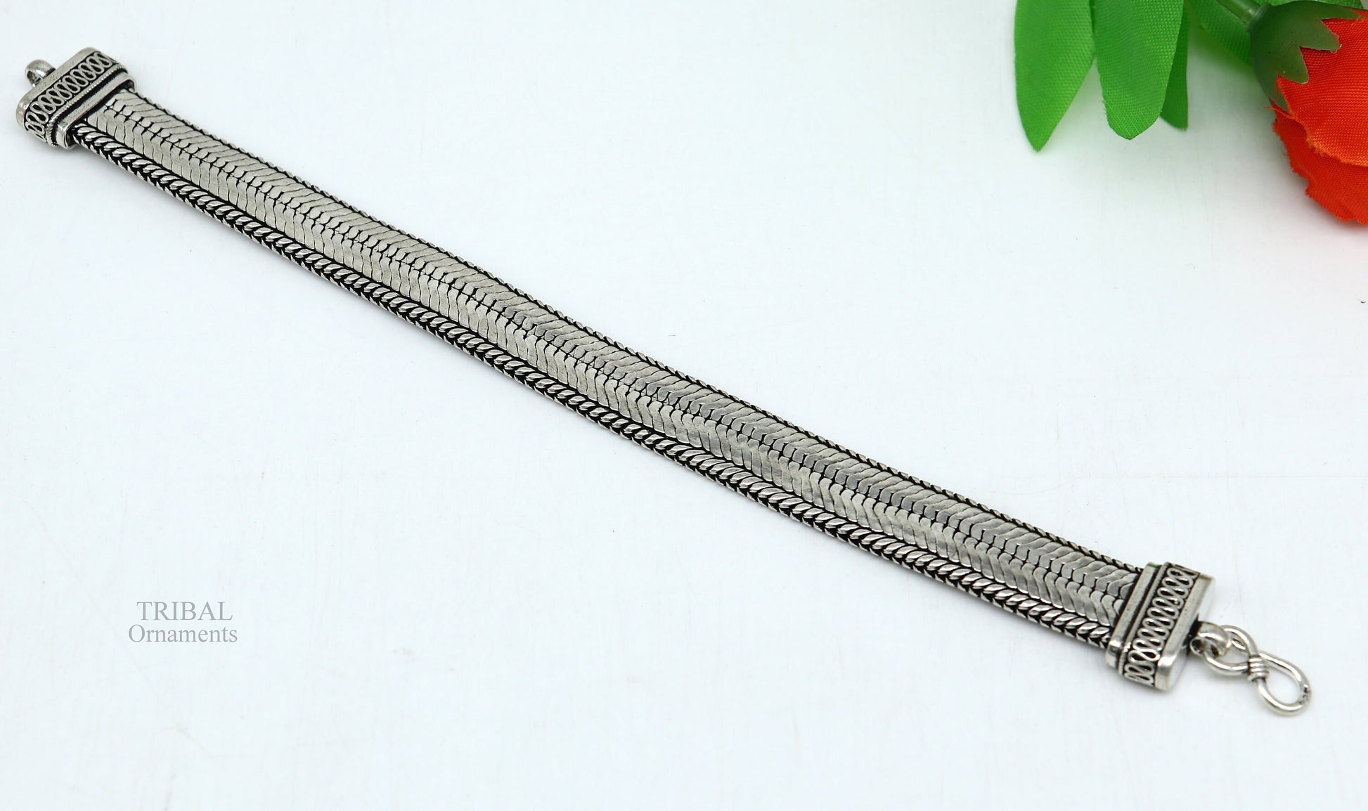 8.5" Vintage style solid 925 sterling silver handmade gorgeous wheat chain flexible bracelet wrist belt jewelry from Rajasthan India sbr249 - TRIBAL ORNAMENTS