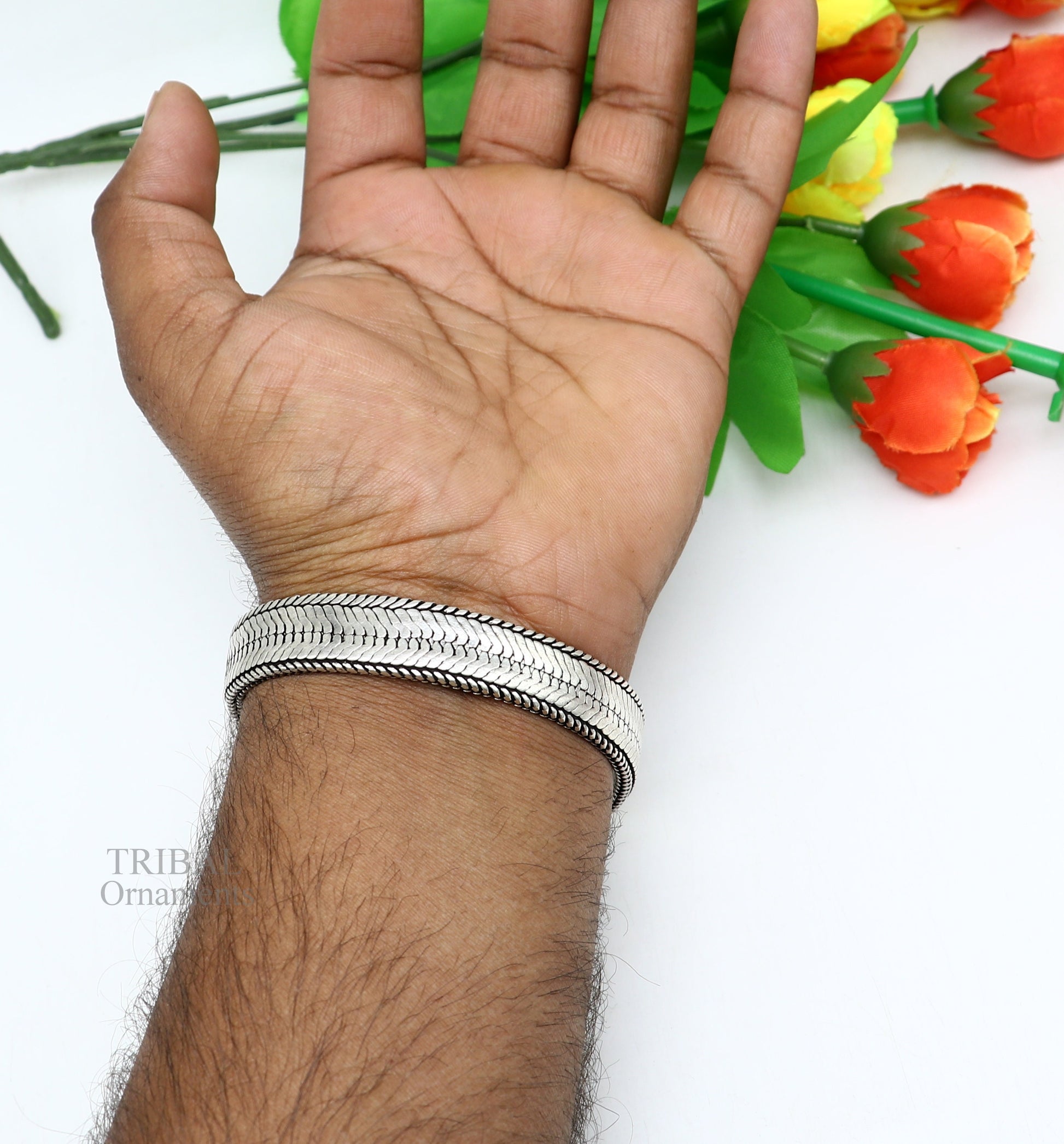 8.5" Vintage style solid 925 sterling silver handmade gorgeous wheat chain flexible bracelet wrist belt jewelry from Rajasthan India sbr249 - TRIBAL ORNAMENTS
