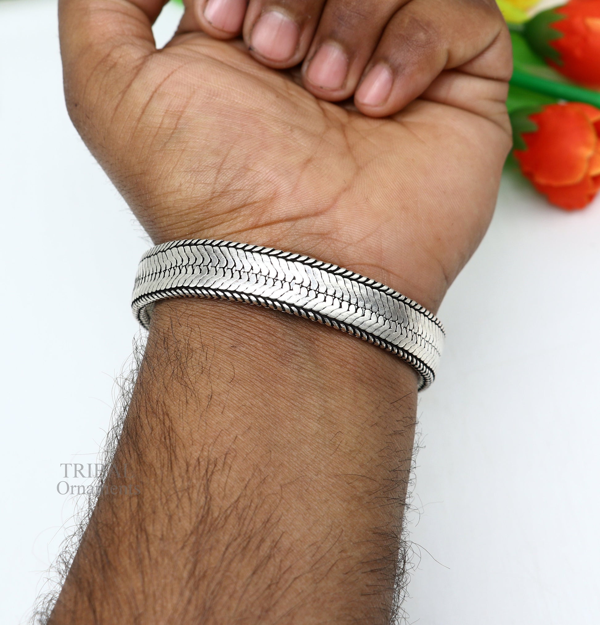 8.5" Vintage style solid 925 sterling silver handmade gorgeous wheat chain flexible bracelet wrist belt jewelry from Rajasthan India sbr249 - TRIBAL ORNAMENTS