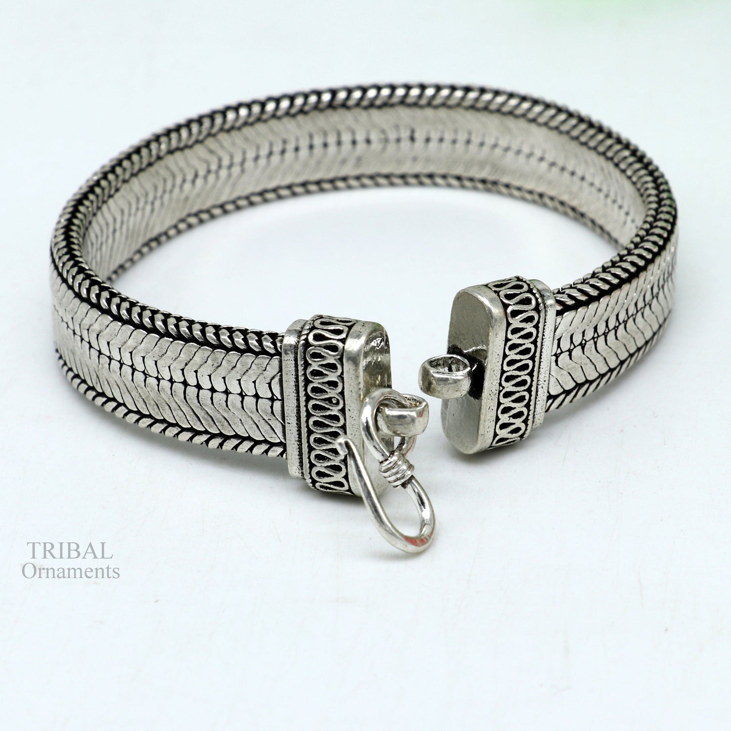 8.5" Vintage style solid 925 sterling silver handmade gorgeous wheat chain flexible bracelet wrist belt jewelry from Rajasthan India sbr249 - TRIBAL ORNAMENTS
