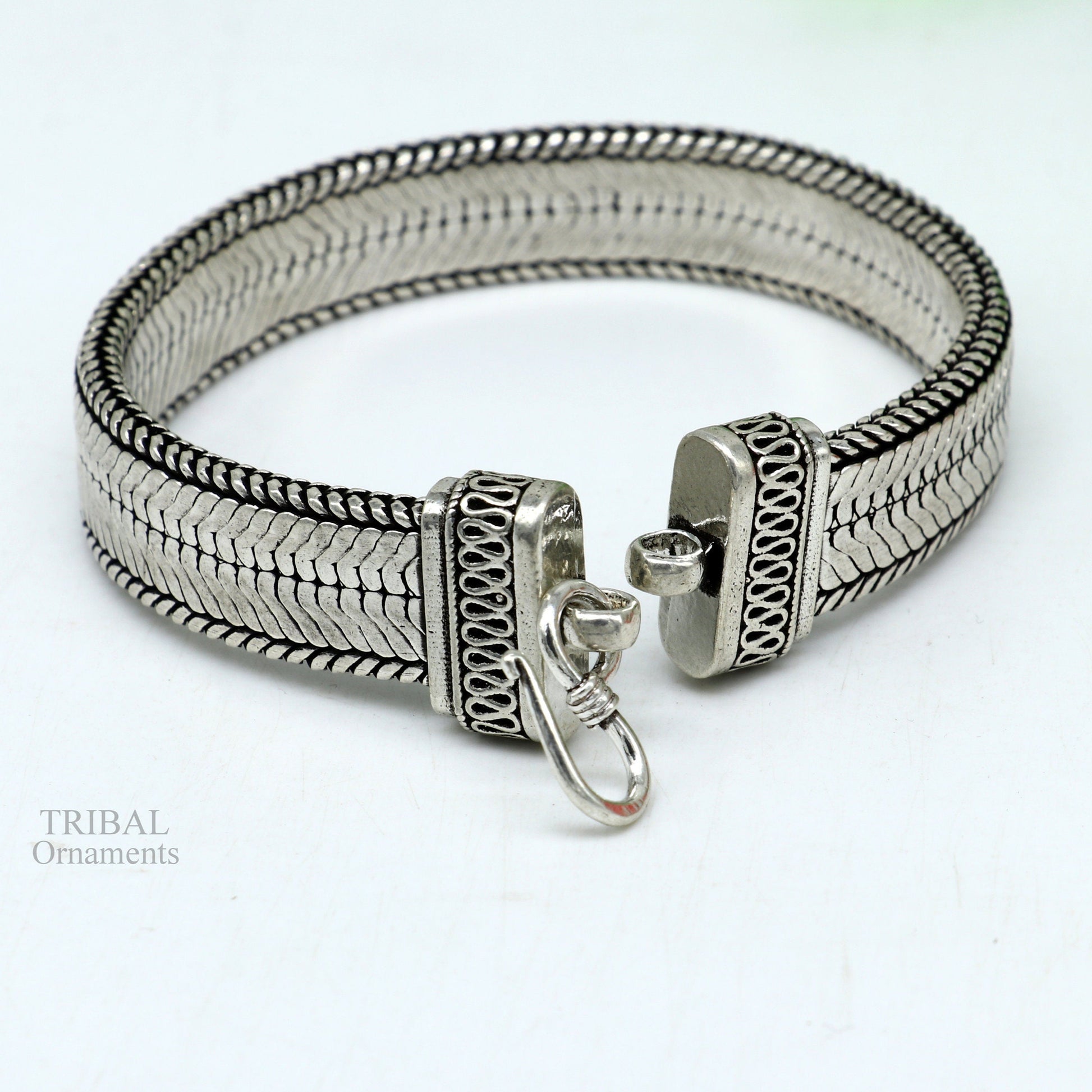 8.5" Vintage style solid 925 sterling silver handmade gorgeous wheat chain flexible bracelet wrist belt jewelry from Rajasthan India sbr249 - TRIBAL ORNAMENTS
