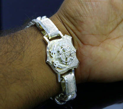 Vintage 7-inch solid 925 sterling silver Rajput Ranbanka Rathore logo bracelet handcrafted by Tribal Ornaments.