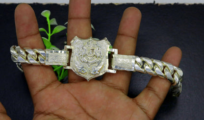 Vintage solid 925 sterling silver Rajput Ranbanka Rathore logo bracelet with intricate tribal design and handmade craftsmanship.