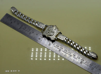 Vintage solid 925 sterling silver Rajput Ranbanka Rathore logo bracelet crafted by Tribal Ornaments, featuring intricate design and handmade details.