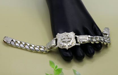 Vintage solid 925 sterling silver Rajput Ranbanka Rathore logo bracelet by Tribal Ornaments, featuring intricate handmade design.